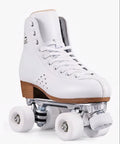Classic white high-top figure roller skate with wood heel and white wheels