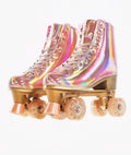 Holographic rose gold high-top quad roller skates with iridescent finish