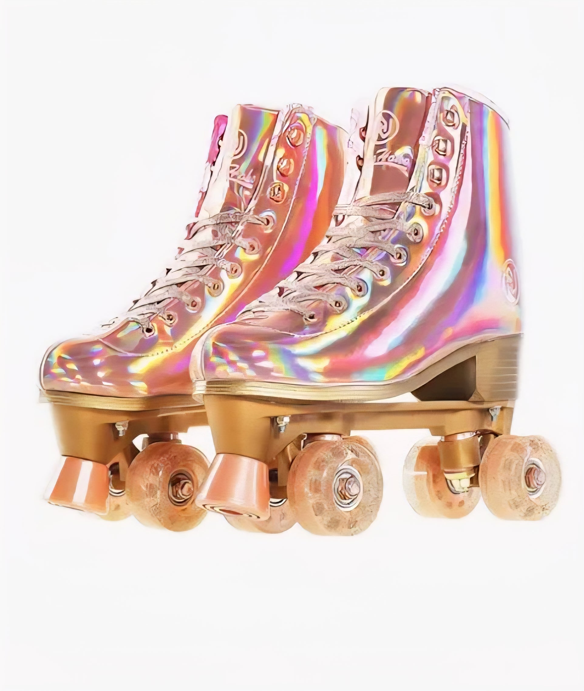 Holographic rose gold high-top quad roller skates with iridescent finish