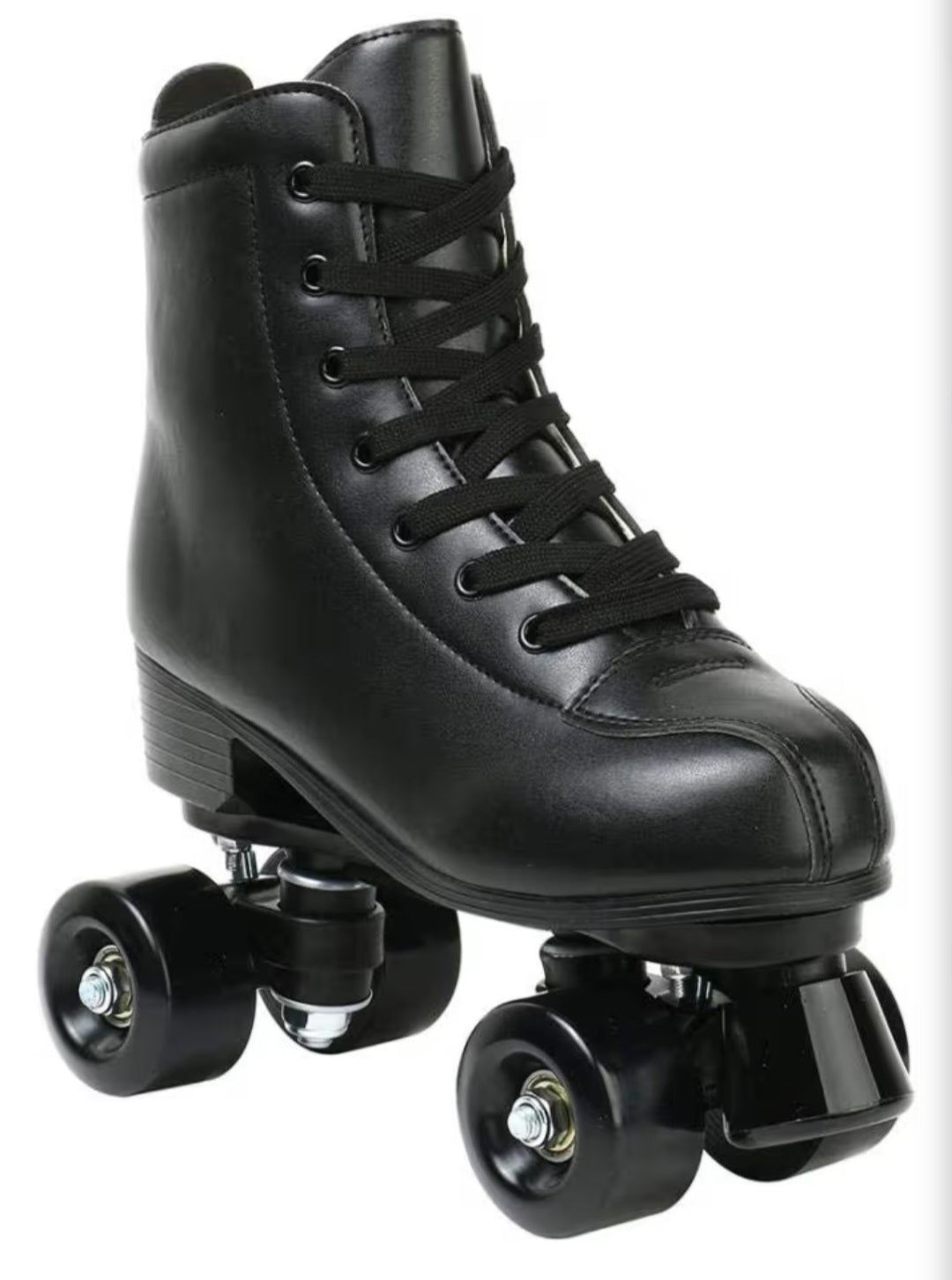 Classic all-black high-top quad roller skate with black wheels
