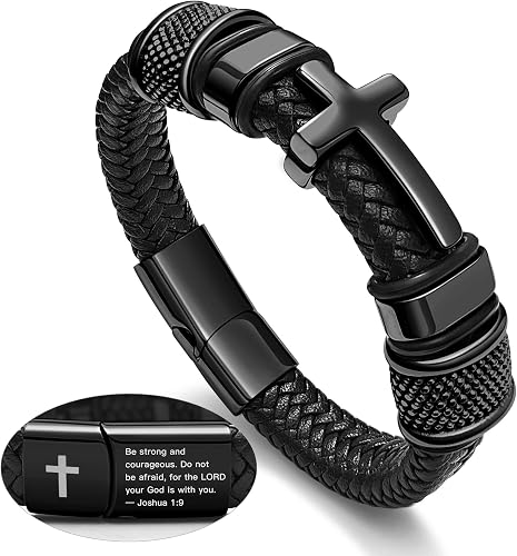 Joshua 1:9 Cross Leather Bracelet - Black